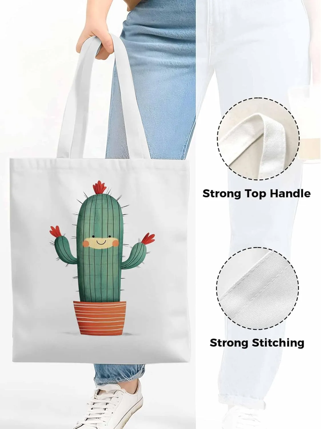 Canvas Tote Bag, Cartoon Cute Cacti Print patterned Canvas Tote Handbags for Women Shoulder Bag,