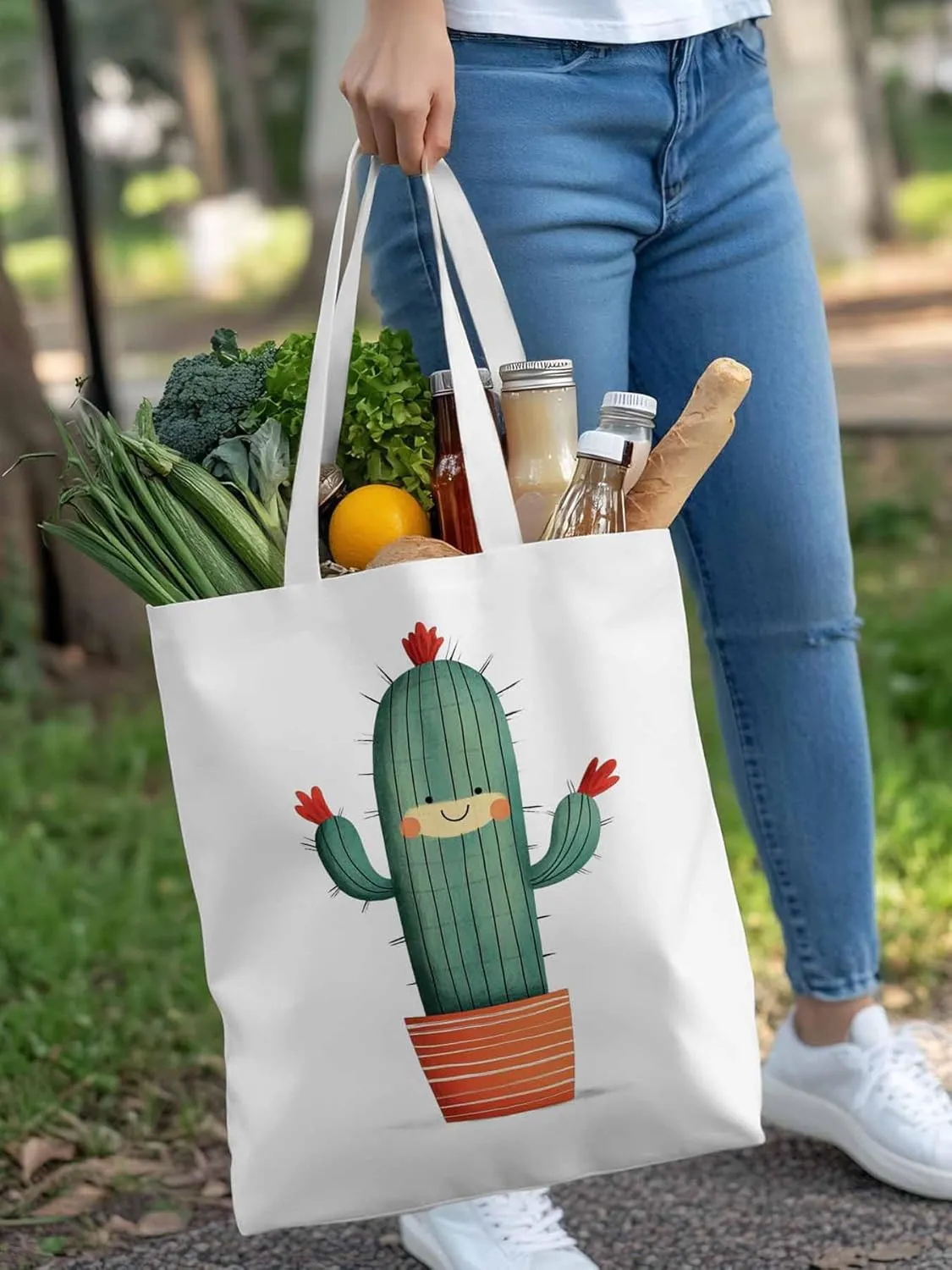 Canvas Tote Bag, Cartoon Cute Cacti Print patterned Canvas Tote Handbags for Women Shoulder Bag,