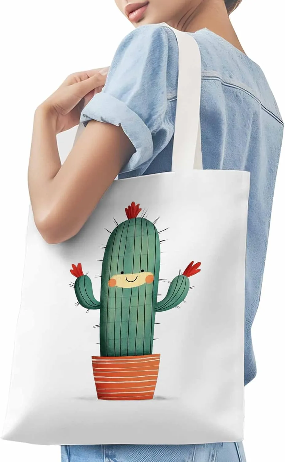 Canvas Tote Bag, Cartoon Cute Cacti Print patterned Canvas Tote Handbags for Women Shoulder Bag,