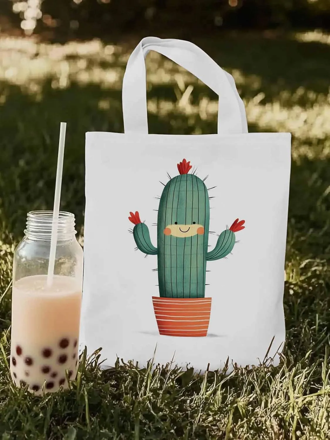 Canvas Tote Bag, Cartoon Cute Cacti Print patterned Canvas Tote Handbags for Women Shoulder Bag,