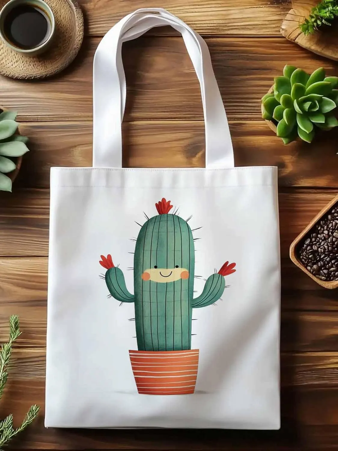 Canvas Tote Bag, Cartoon Cute Cacti Print patterned Canvas Tote Handbags for Women Shoulder Bag,