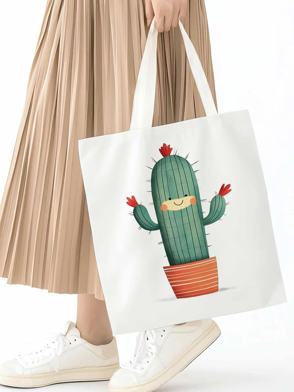 Canvas Tote Bag, Cartoon Cute Cacti Print patterned Canvas Tote Handbags for Women Shoulder Bag,