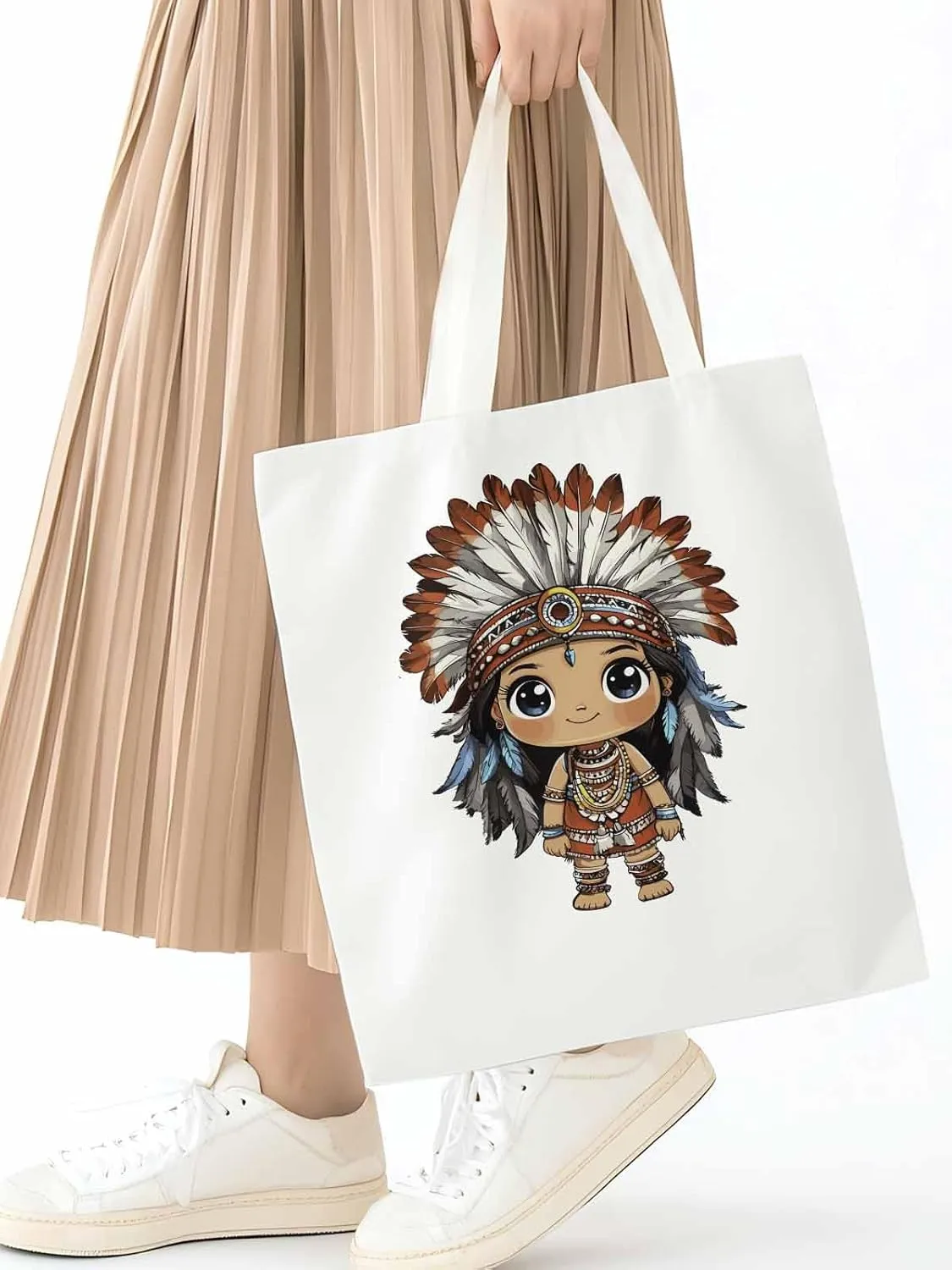 Canvas Tote Bag, Cartoon Ethnic Feathers Girl patterned Canvas Tote Handbags for Women Shoulder Bag,