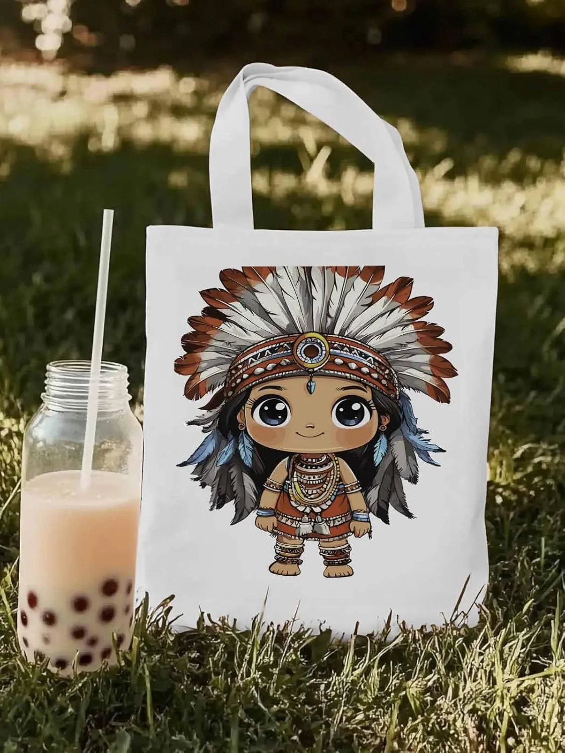 Canvas Tote Bag, Cartoon Ethnic Feathers Girl patterned Canvas Tote Handbags for Women Shoulder Bag,