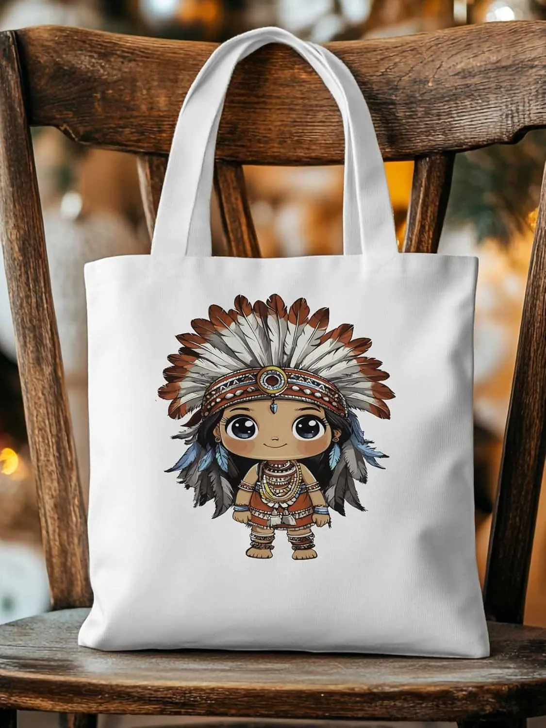 Canvas Tote Bag, Cartoon Ethnic Feathers Girl patterned Canvas Tote Handbags for Women Shoulder Bag,
