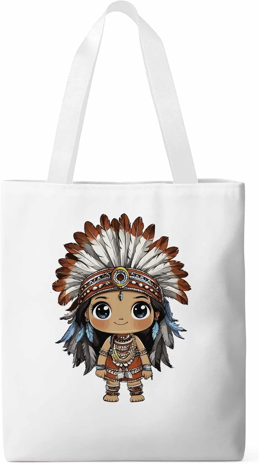 Canvas Tote Bag, Cartoon Ethnic Feathers Girl patterned Canvas Tote Handbags for Women Shoulder Bag,