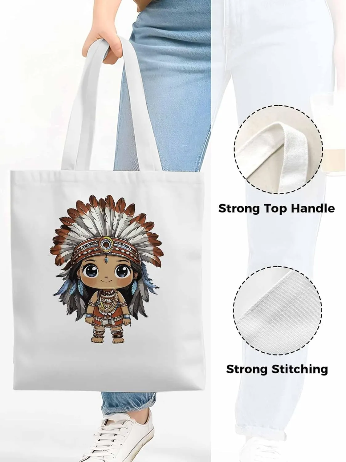 Canvas Tote Bag, Cartoon Ethnic Feathers Girl patterned Canvas Tote Handbags for Women Shoulder Bag,