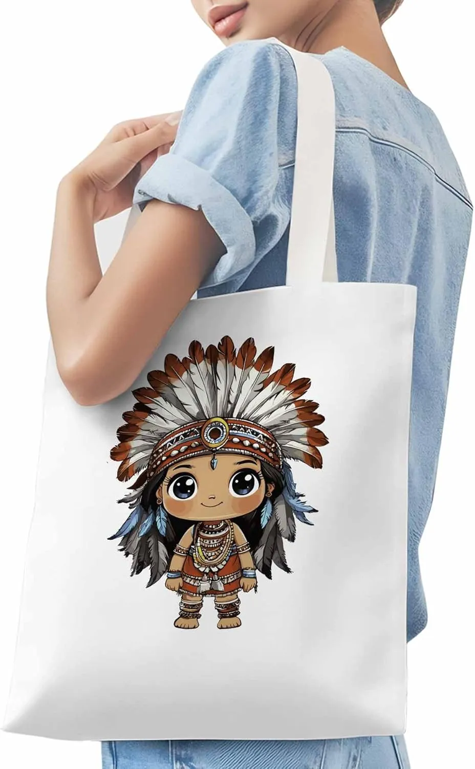Canvas Tote Bag, Cartoon Ethnic Feathers Girl patterned Canvas Tote Handbags for Women Shoulder Bag,