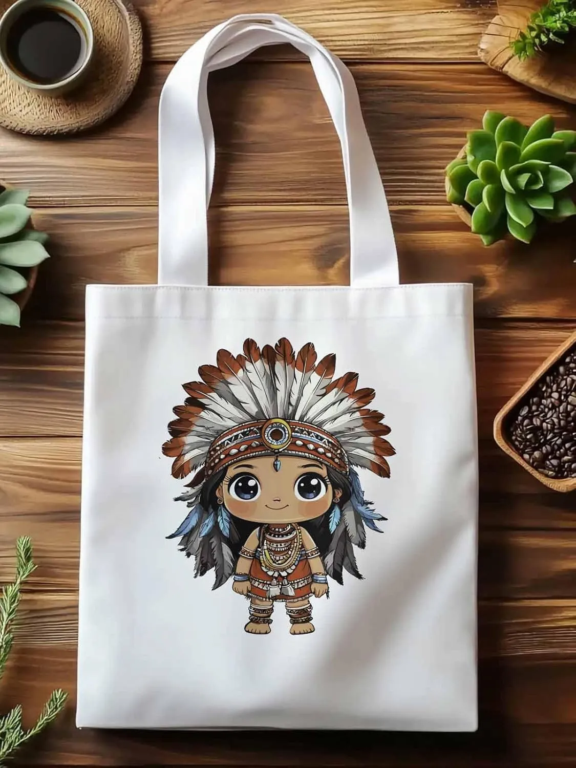 Canvas Tote Bag, Cartoon Ethnic Feathers Girl patterned Canvas Tote Handbags for Women Shoulder Bag,