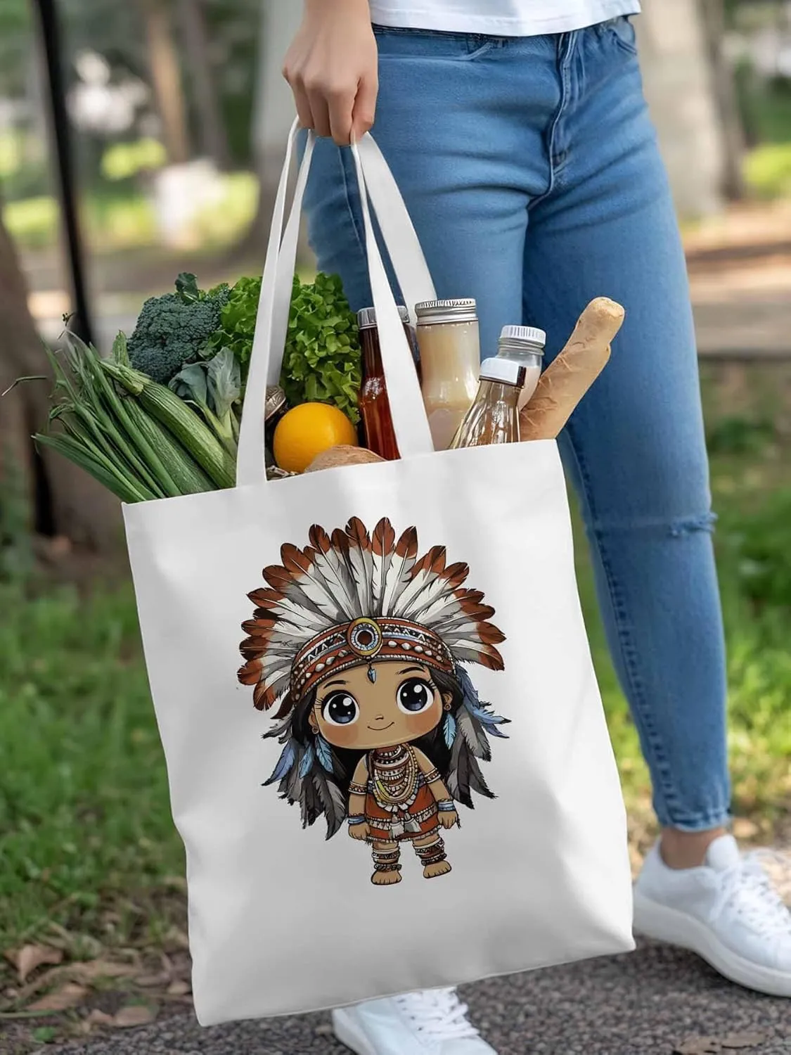 Canvas Tote Bag, Cartoon Ethnic Feathers Girl patterned Canvas Tote Handbags for Women Shoulder Bag,