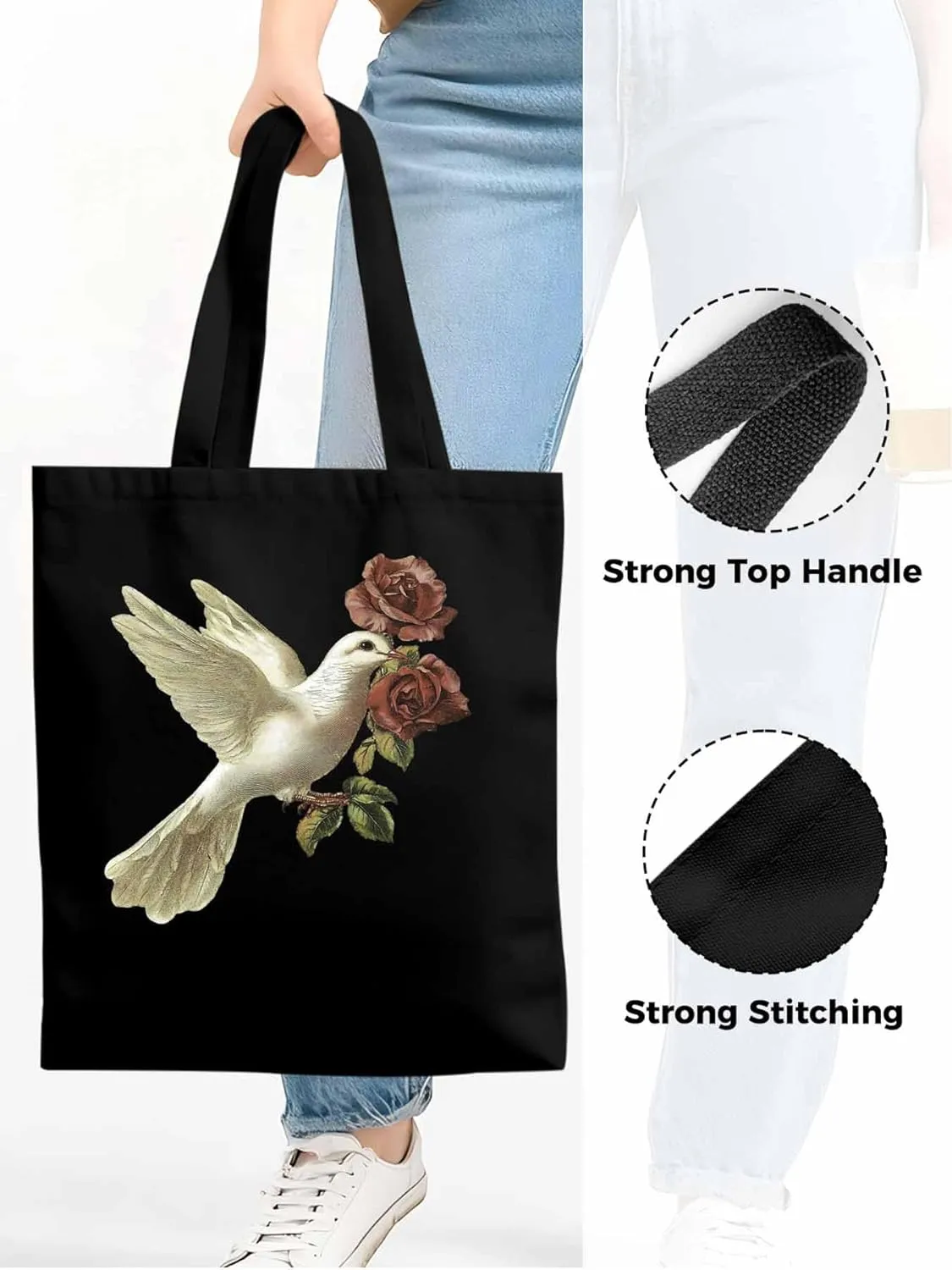 Canvas Tote Bag, Cartoon Pigeons Roses Aesthetic Canvas Tote Handbags for Women Shoulder Bag