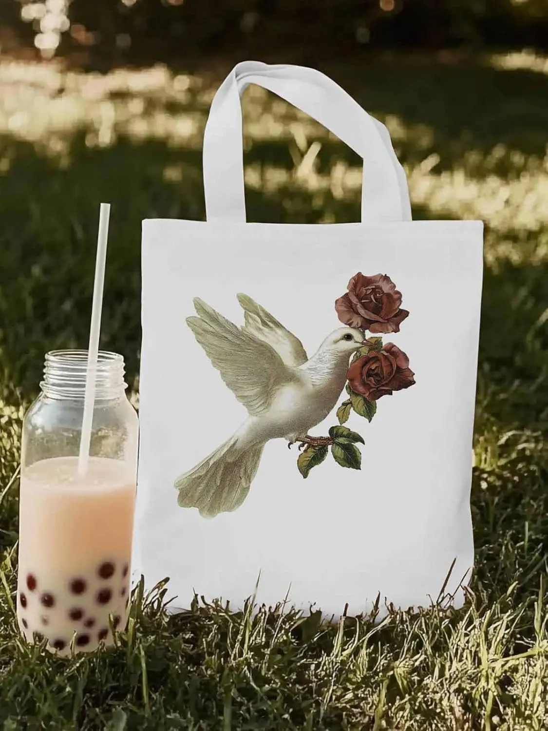 Canvas Tote Bag, Cartoon Pigeons Roses Aesthetic Canvas Tote Handbags for Women Shoulder Bag