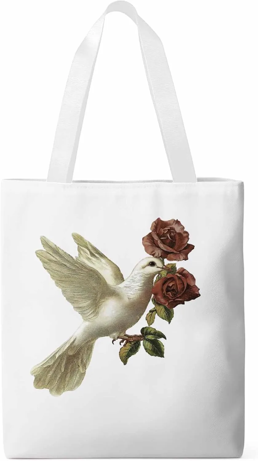 Canvas Tote Bag, Cartoon Pigeons Roses Aesthetic Canvas Tote Handbags for Women Shoulder Bag