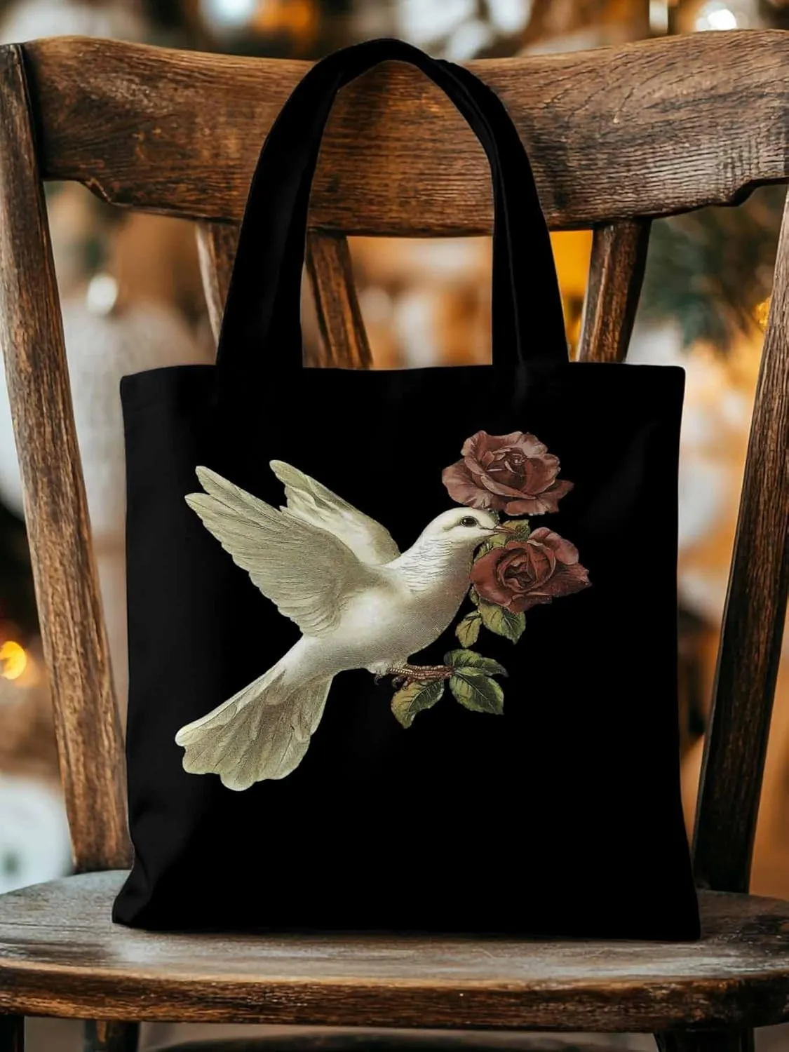 Canvas Tote Bag, Cartoon Pigeons Roses Aesthetic Canvas Tote Handbags for Women Shoulder Bag