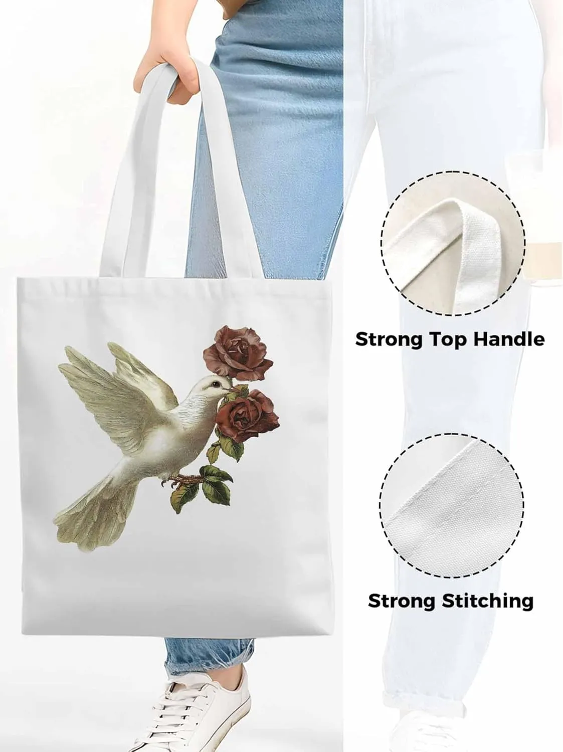 Canvas Tote Bag, Cartoon Pigeons Roses Aesthetic Canvas Tote Handbags for Women Shoulder Bag