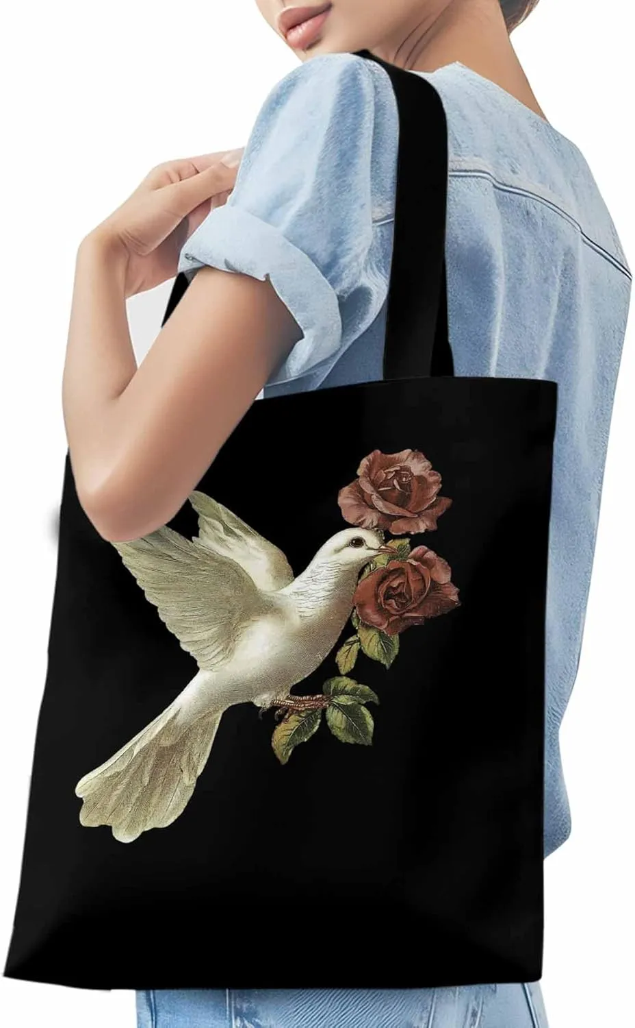 Canvas Tote Bag, Cartoon Pigeons Roses Aesthetic Canvas Tote Handbags for Women Shoulder Bag