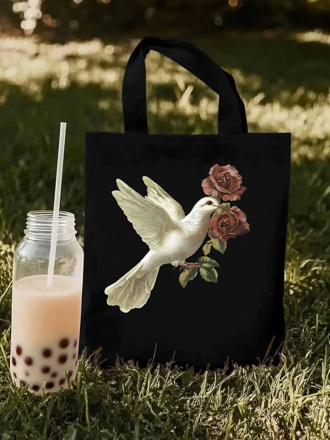 Canvas Tote Bag, Cartoon Pigeons Roses Aesthetic Canvas Tote Handbags for Women Shoulder Bag