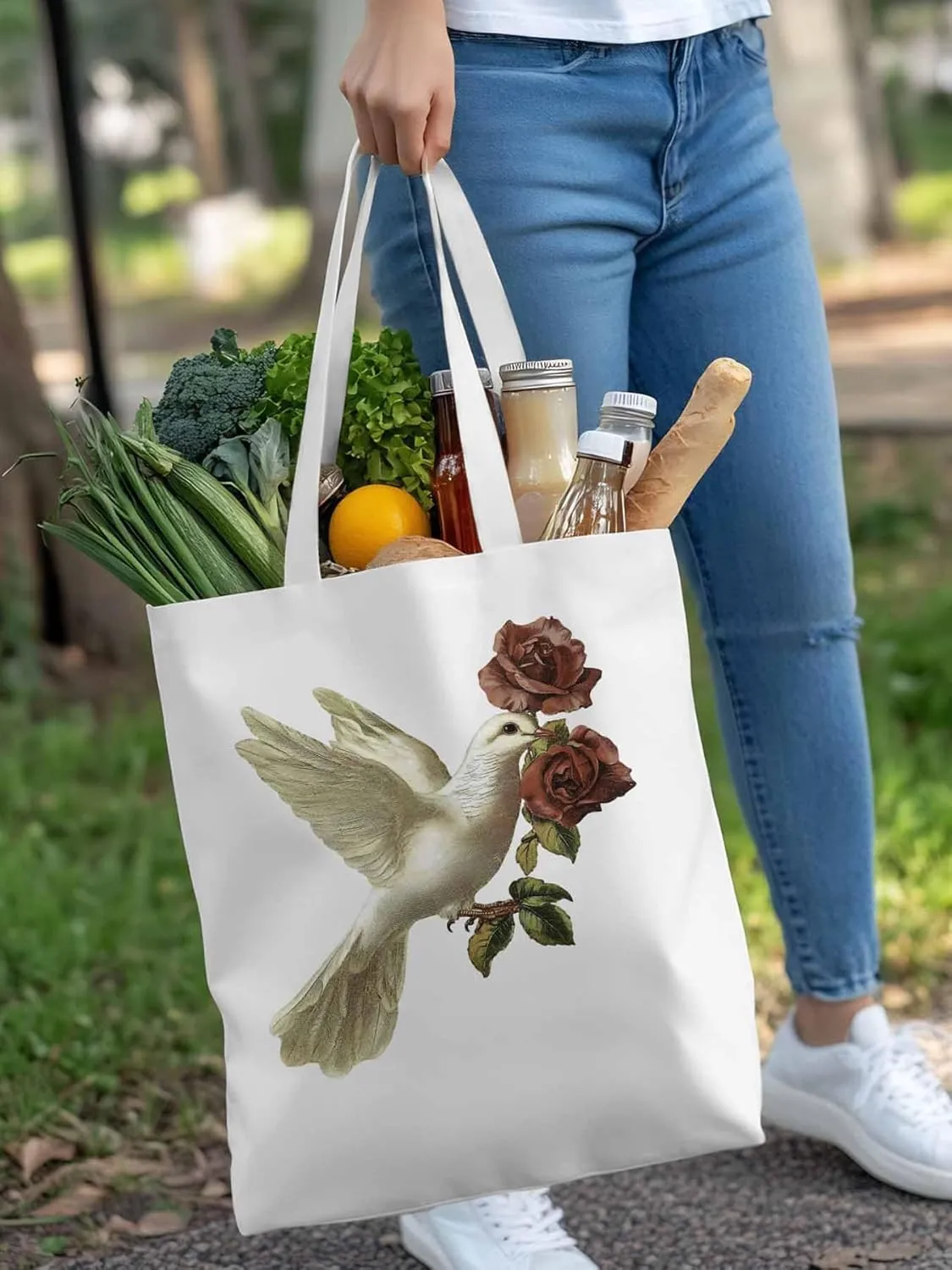 Canvas Tote Bag, Cartoon Pigeons Roses Aesthetic Canvas Tote Handbags for Women Shoulder Bag