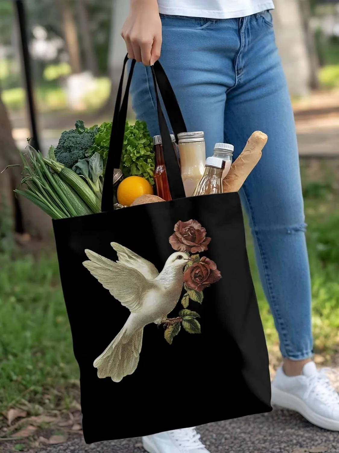 Canvas Tote Bag, Cartoon Pigeons Roses Aesthetic Canvas Tote Handbags for Women Shoulder Bag