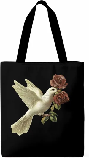 Canvas Tote Bag, Cartoon Pigeons Roses Aesthetic Canvas Tote Handbags for Women Shoulder Bag