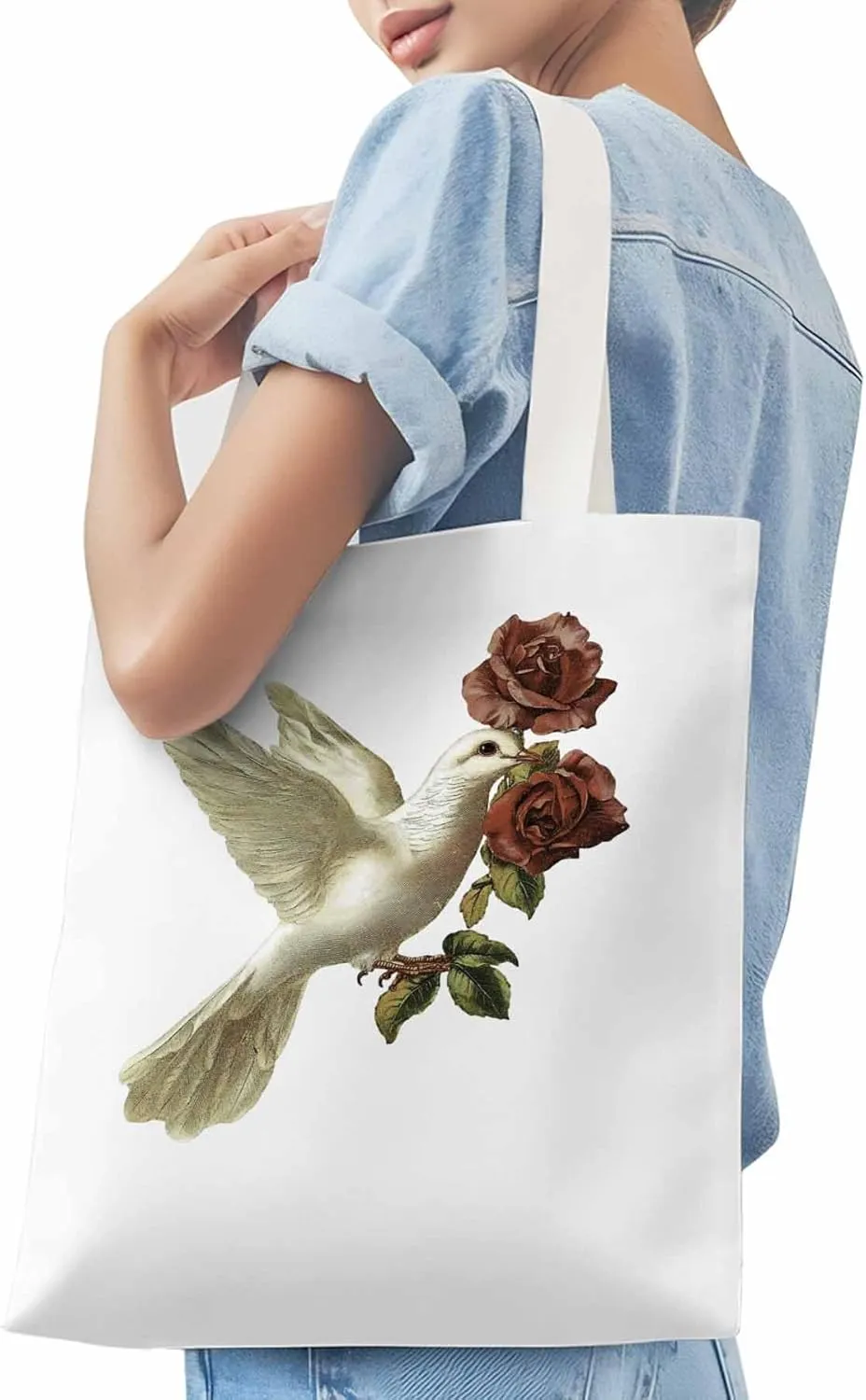 Canvas Tote Bag, Cartoon Pigeons Roses Aesthetic Canvas Tote Handbags for Women Shoulder Bag