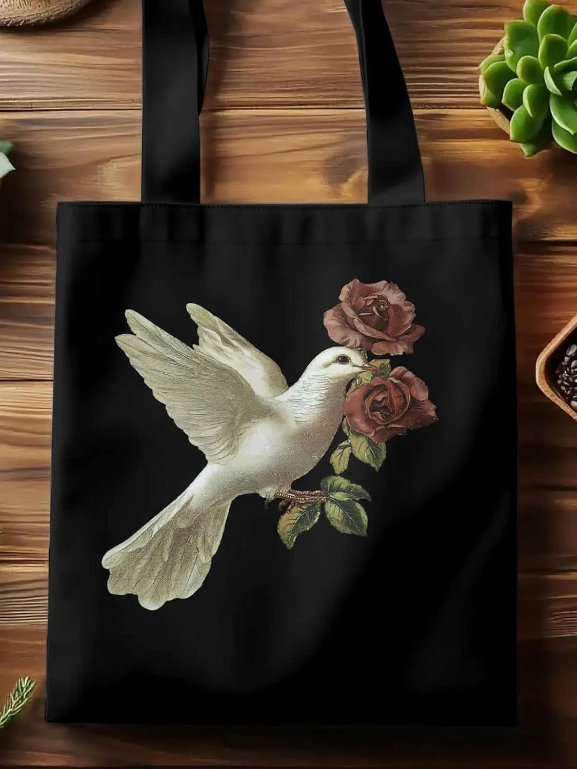 Canvas Tote Bag, Cartoon Pigeons Roses Aesthetic Canvas Tote Handbags for Women Shoulder Bag