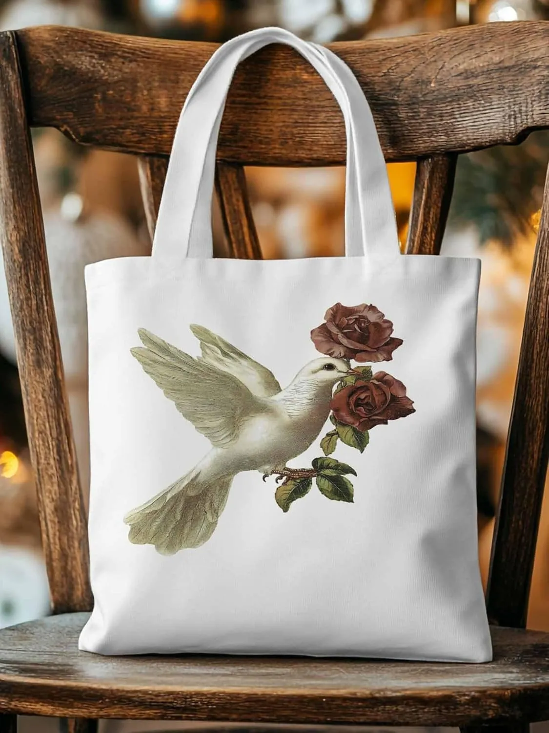Canvas Tote Bag, Cartoon Pigeons Roses Aesthetic Canvas Tote Handbags for Women Shoulder Bag