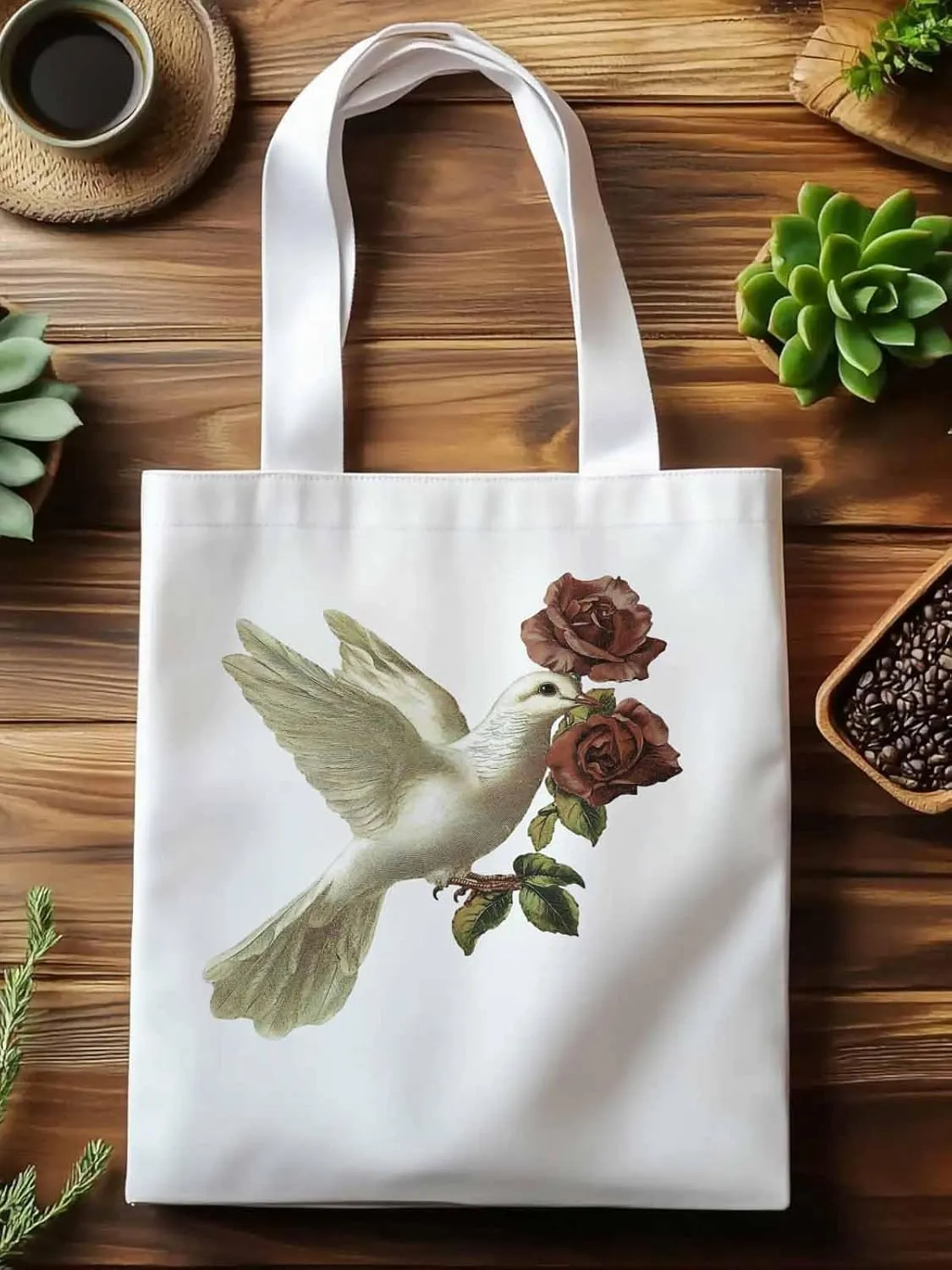 Canvas Tote Bag, Cartoon Pigeons Roses Aesthetic Canvas Tote Handbags for Women Shoulder Bag