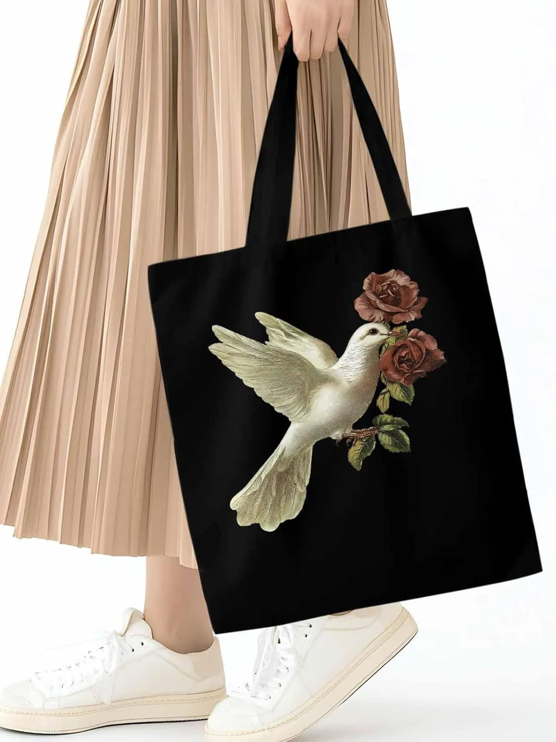 Canvas Tote Bag, Cartoon Pigeons Roses Aesthetic Canvas Tote Handbags for Women Shoulder Bag