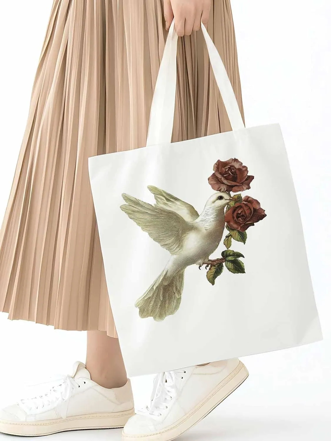 Canvas Tote Bag, Cartoon Pigeons Roses Aesthetic Canvas Tote Handbags for Women Shoulder Bag