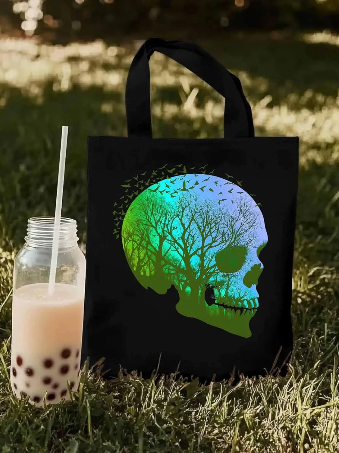 Canvas Tote Bag, Cartoon Skull Skeleton Forest Birds patterned Canvas Tote Handbags for Women Shoulder Bag,