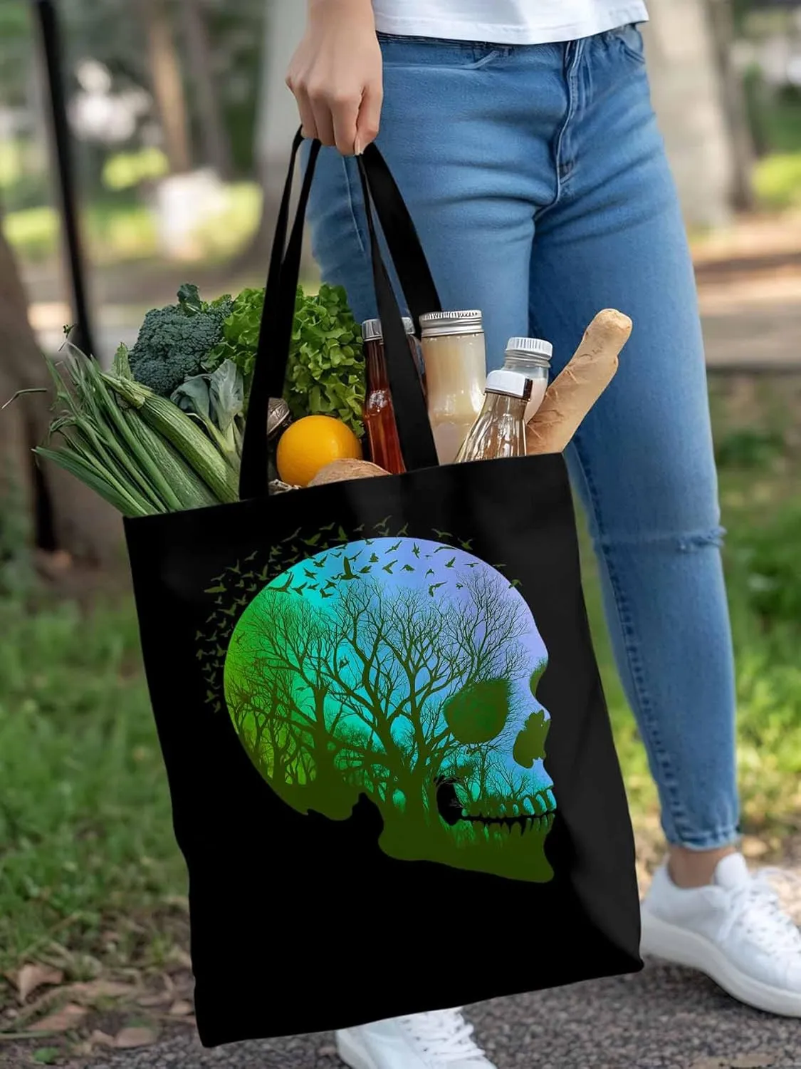 Canvas Tote Bag, Cartoon Skull Skeleton Forest Birds patterned Canvas Tote Handbags for Women Shoulder Bag,