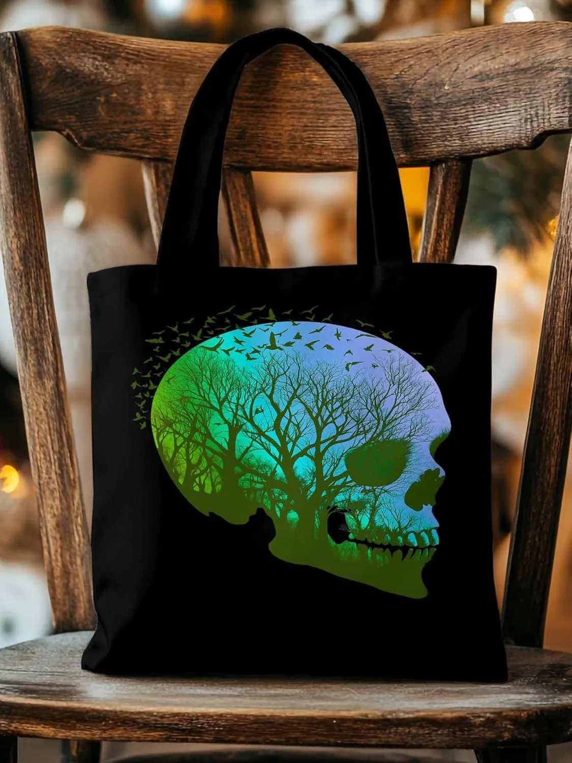 Canvas Tote Bag, Cartoon Skull Skeleton Forest Birds patterned Canvas Tote Handbags for Women Shoulder Bag,