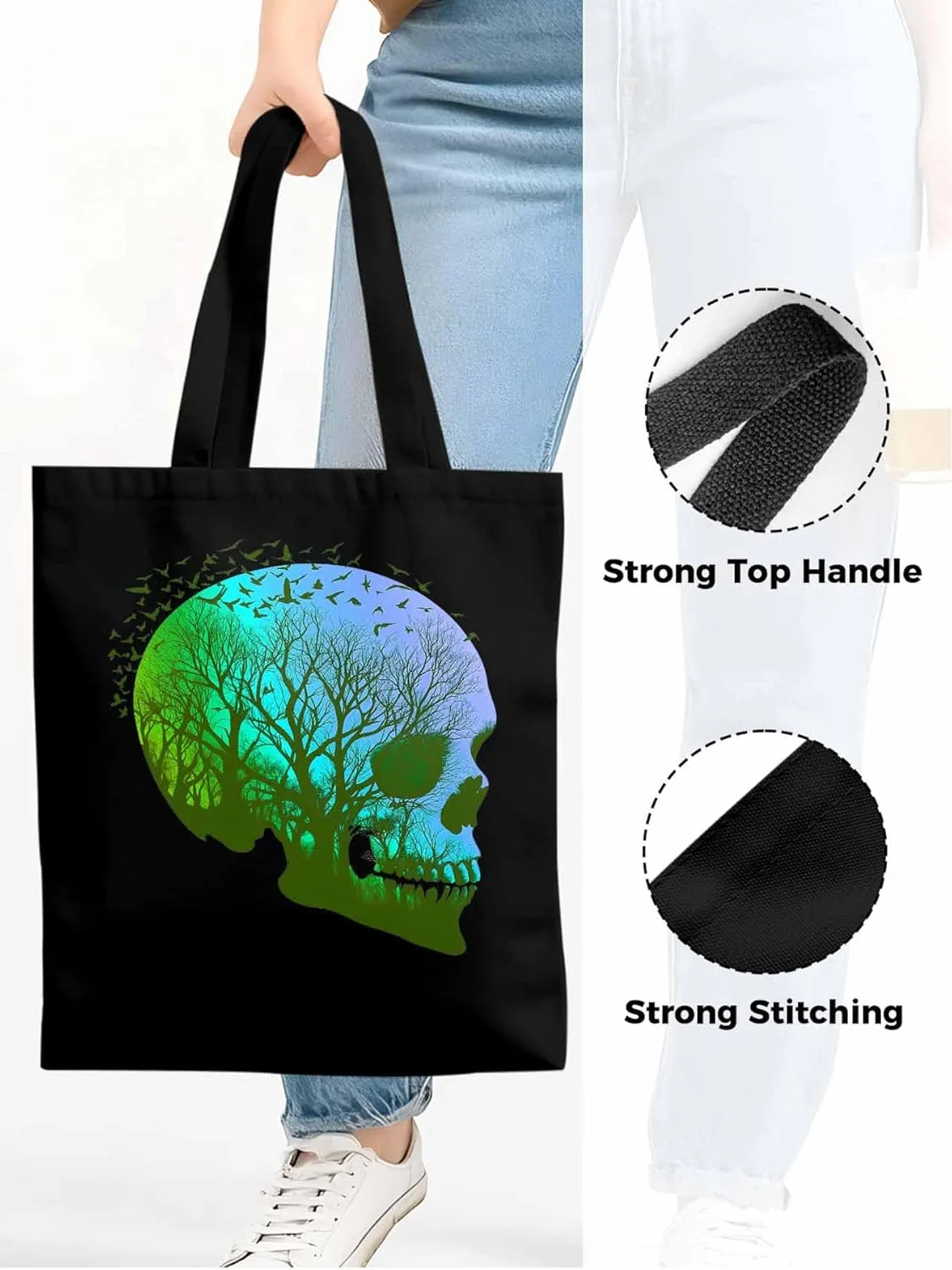 Canvas Tote Bag, Cartoon Skull Skeleton Forest Birds patterned Canvas Tote Handbags for Women Shoulder Bag,