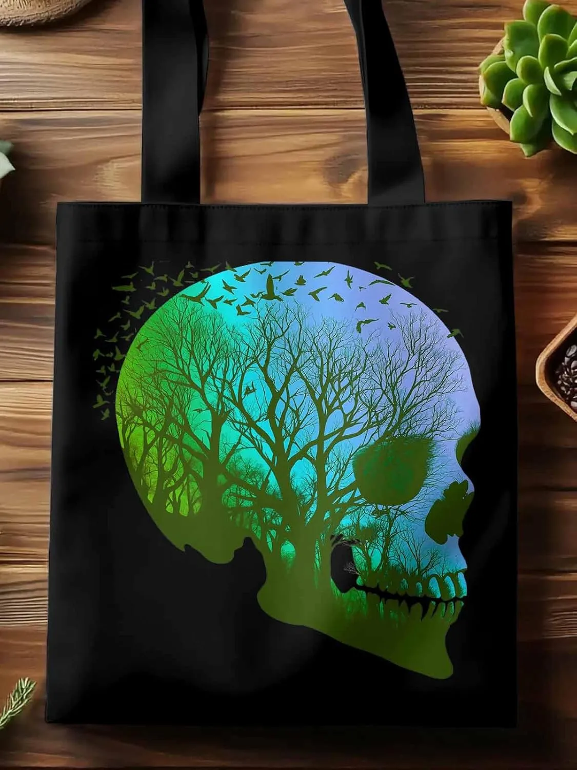 Canvas Tote Bag, Cartoon Skull Skeleton Forest Birds patterned Canvas Tote Handbags for Women Shoulder Bag,