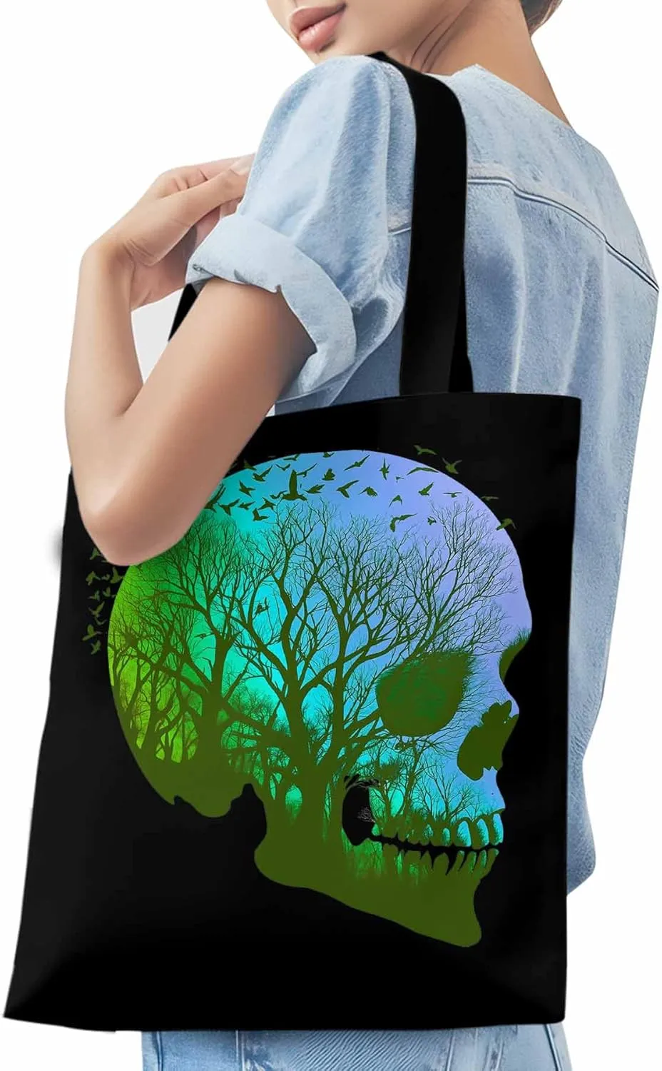 Canvas Tote Bag, Cartoon Skull Skeleton Forest Birds patterned Canvas Tote Handbags for Women Shoulder Bag,
