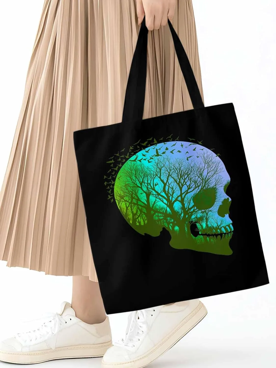 Canvas Tote Bag, Cartoon Skull Skeleton Forest Birds patterned Canvas Tote Handbags for Women Shoulder Bag,