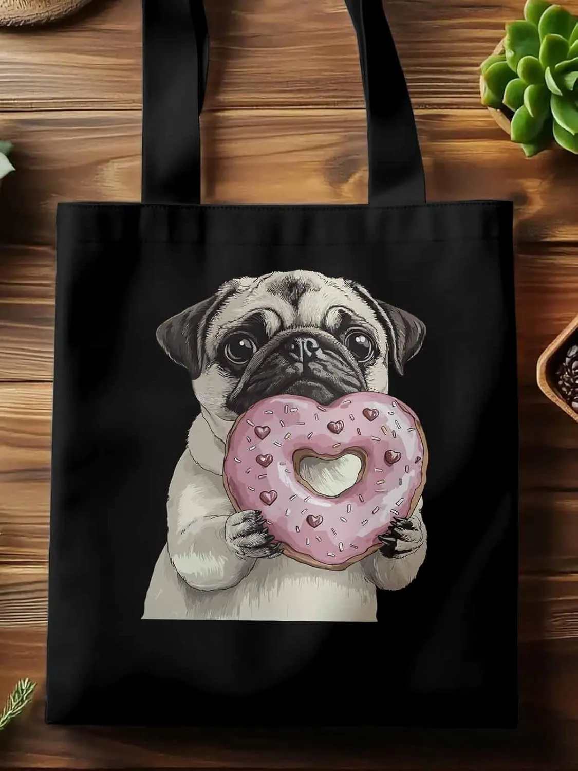 Canvas Tote Bag, Cartoons Doughnut Puppy Aesthetic Canvas Tote Handbags for Women Shoulder Bag