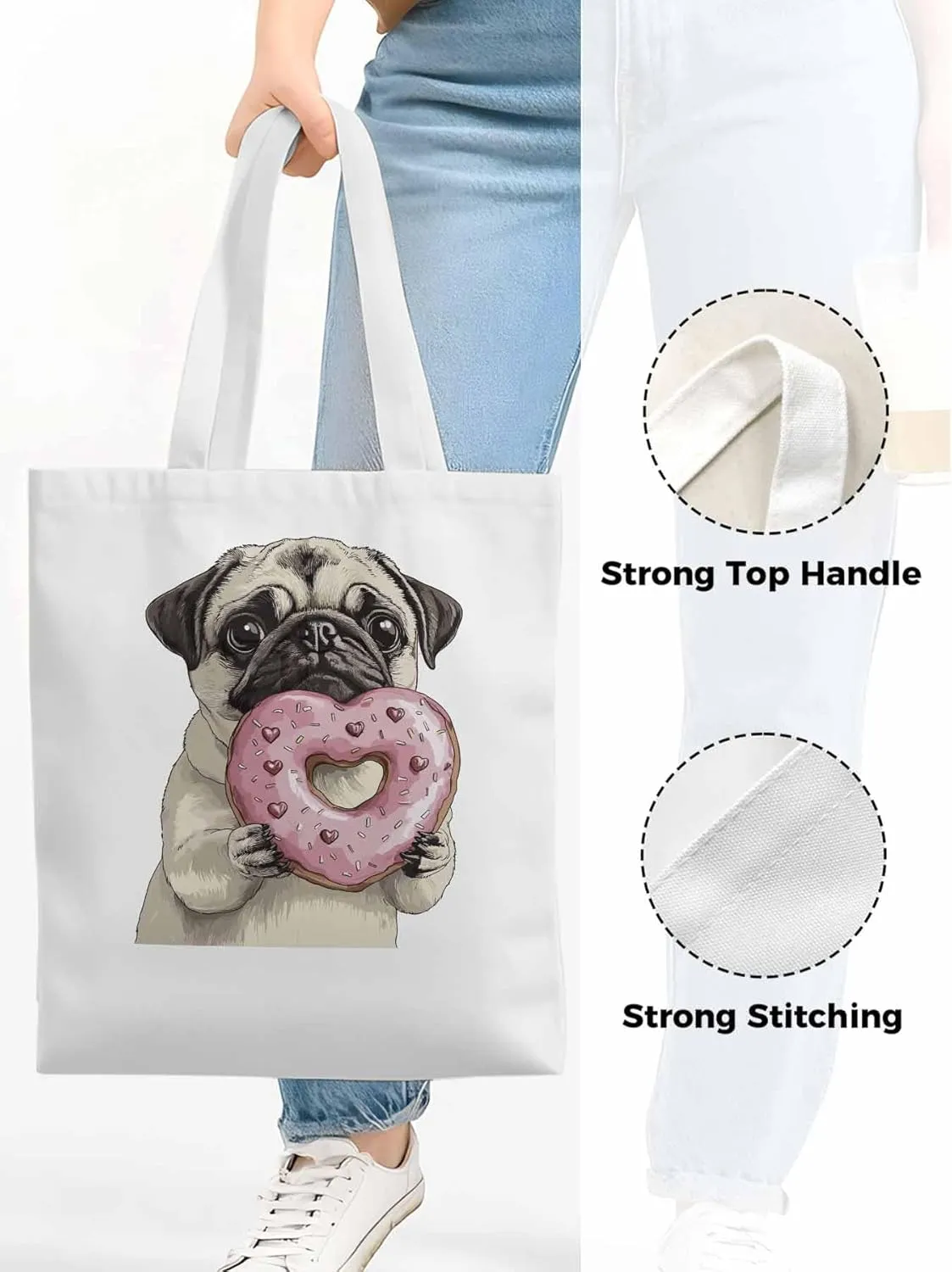 Canvas Tote Bag, Cartoons Doughnut Puppy Aesthetic Canvas Tote Handbags for Women Shoulder Bag