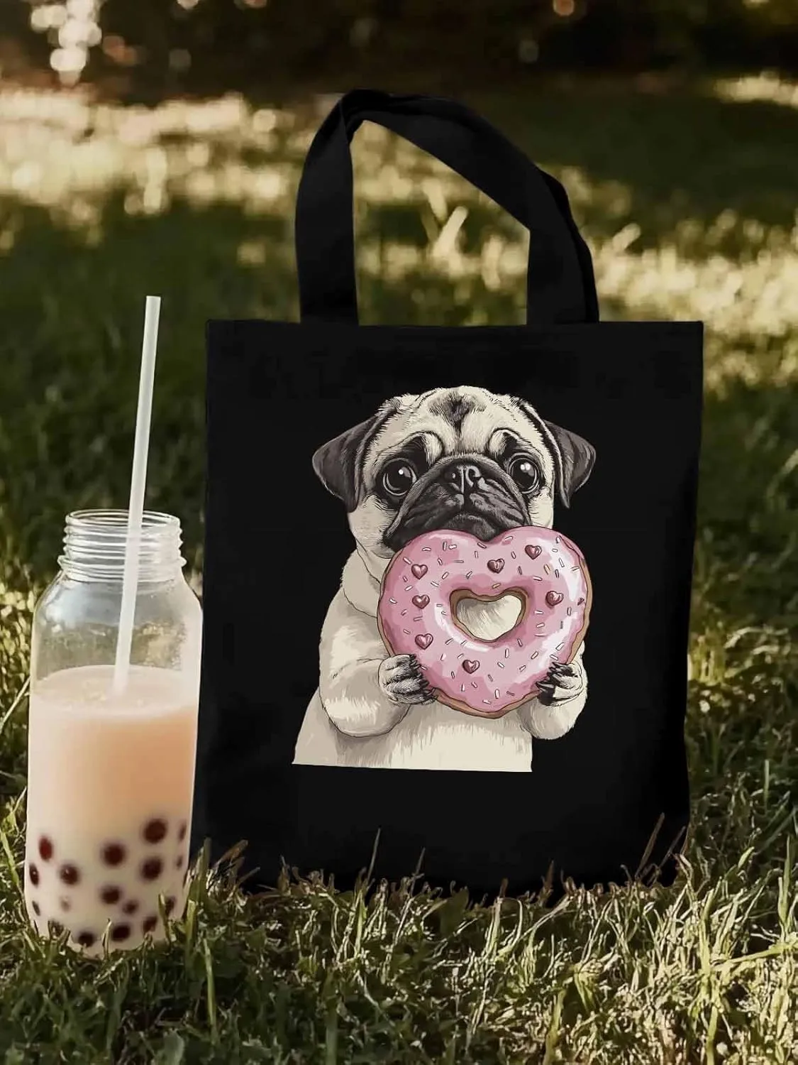 Canvas Tote Bag, Cartoons Doughnut Puppy Aesthetic Canvas Tote Handbags for Women Shoulder Bag