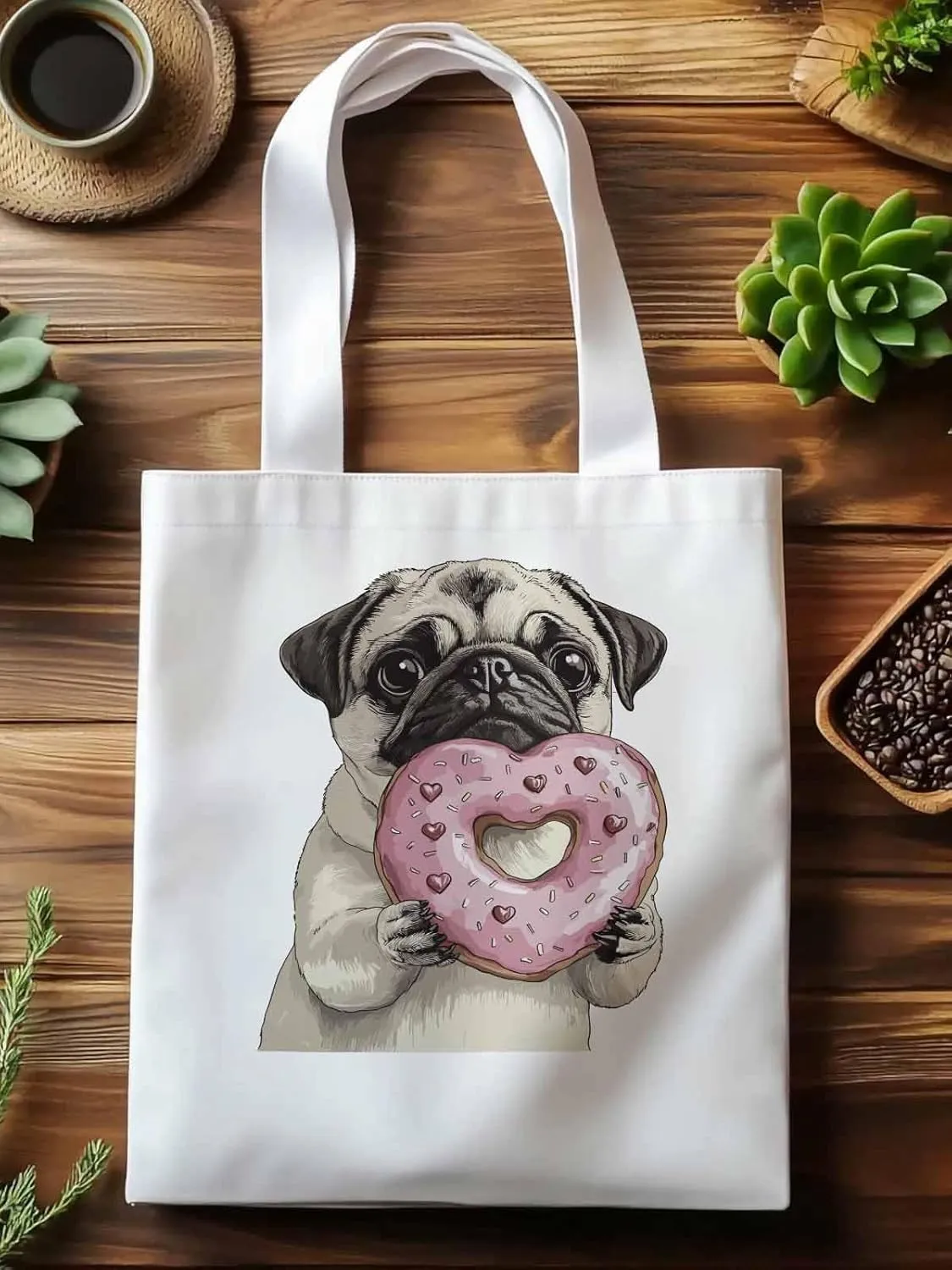 Canvas Tote Bag, Cartoons Doughnut Puppy Aesthetic Canvas Tote Handbags for Women Shoulder Bag