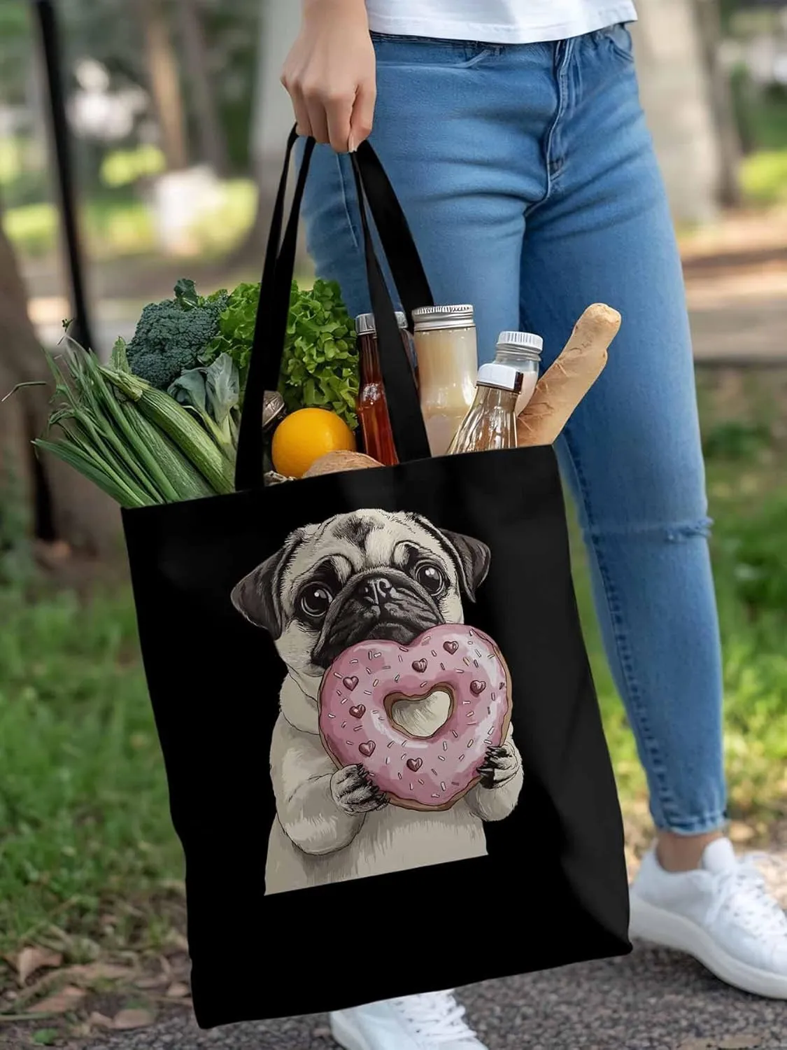 Canvas Tote Bag, Cartoons Doughnut Puppy Aesthetic Canvas Tote Handbags for Women Shoulder Bag