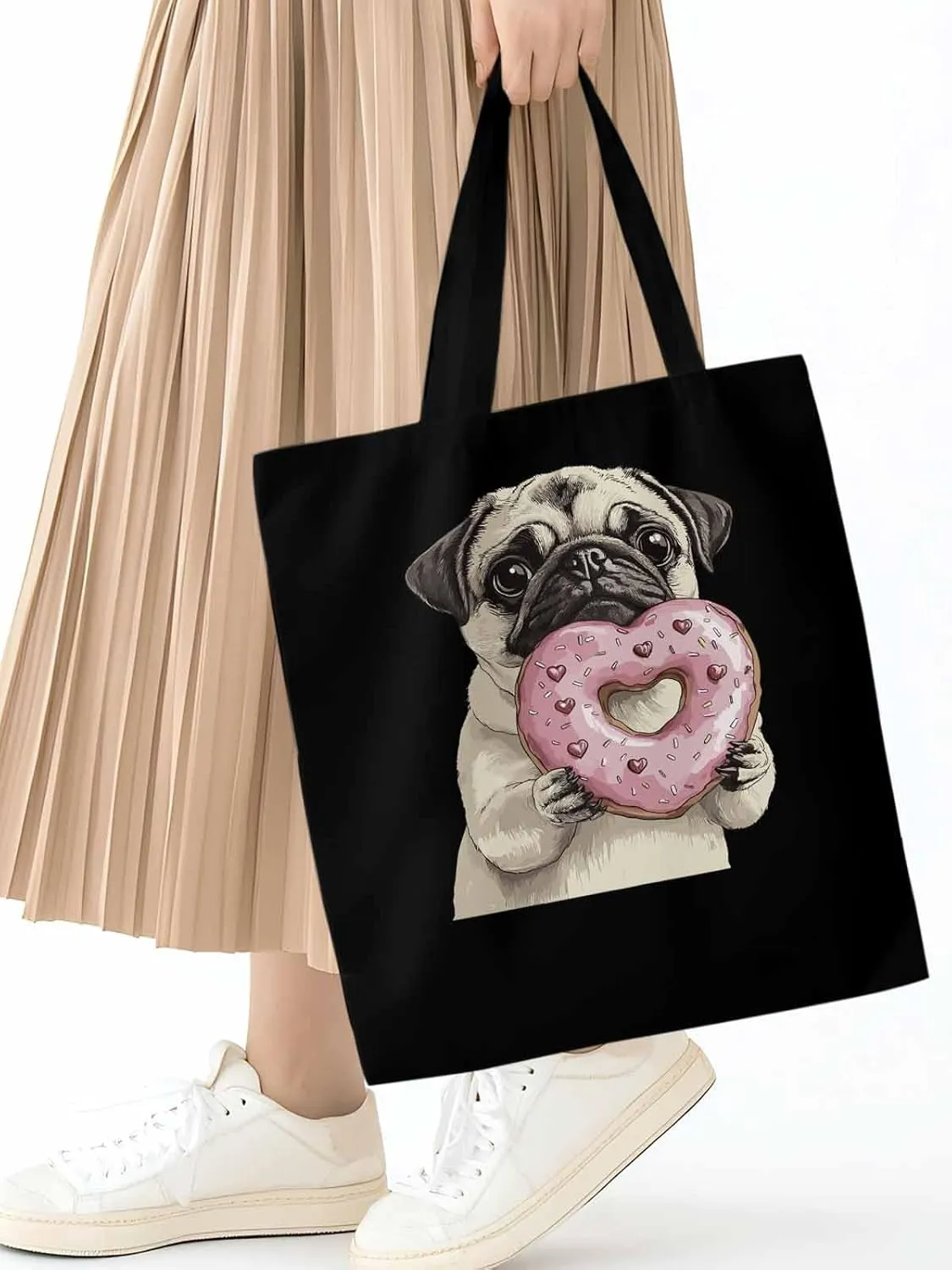 Canvas Tote Bag, Cartoons Doughnut Puppy Aesthetic Canvas Tote Handbags for Women Shoulder Bag