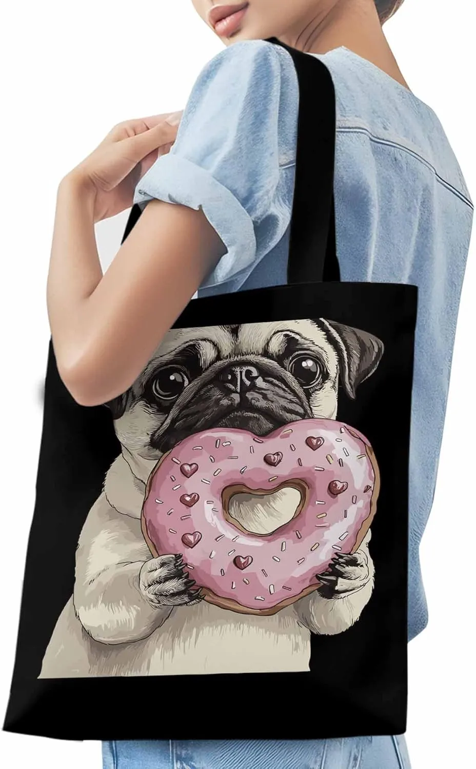Canvas Tote Bag, Cartoons Doughnut Puppy Aesthetic Canvas Tote Handbags for Women Shoulder Bag