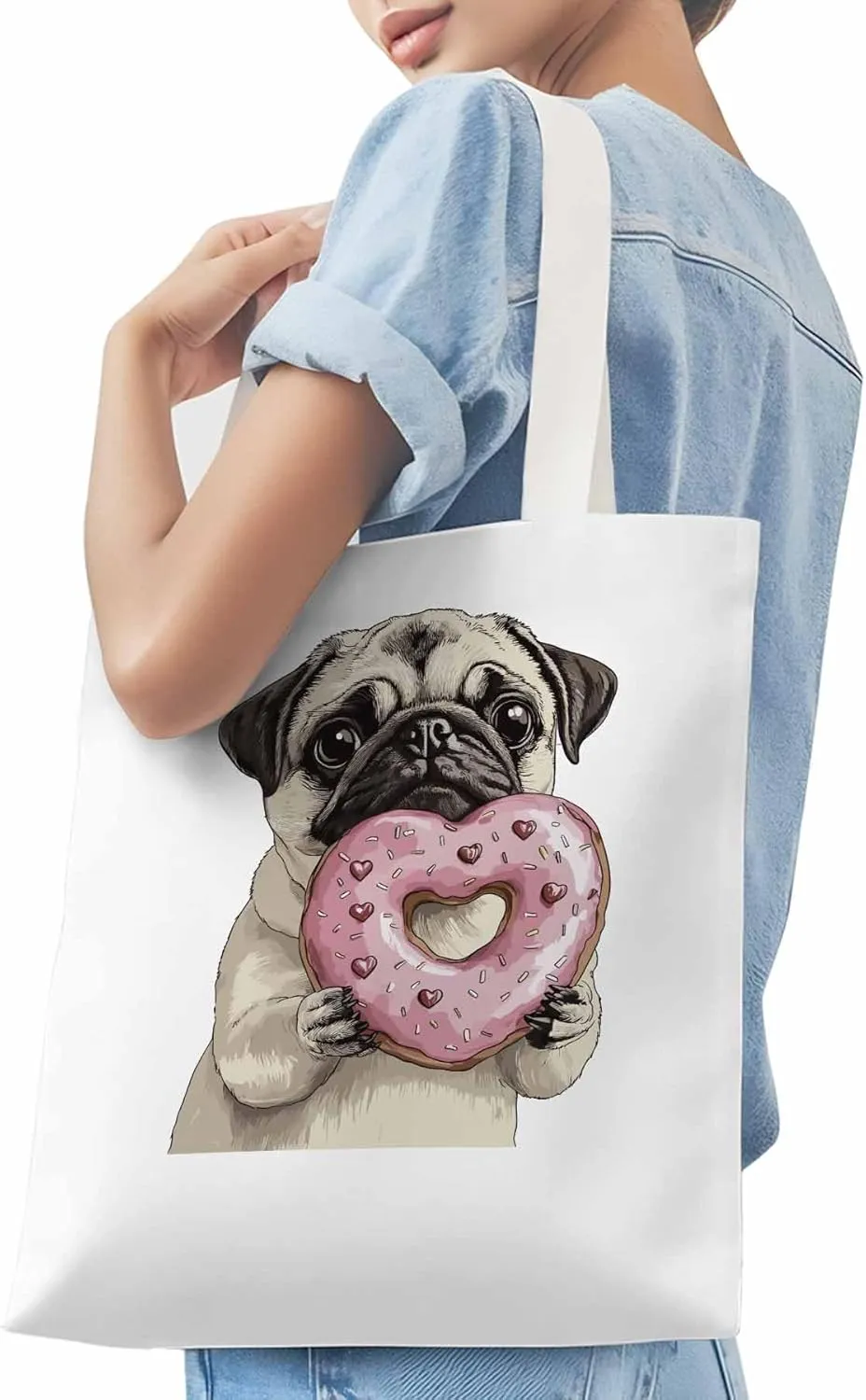 Canvas Tote Bag, Cartoons Doughnut Puppy Aesthetic Canvas Tote Handbags for Women Shoulder Bag