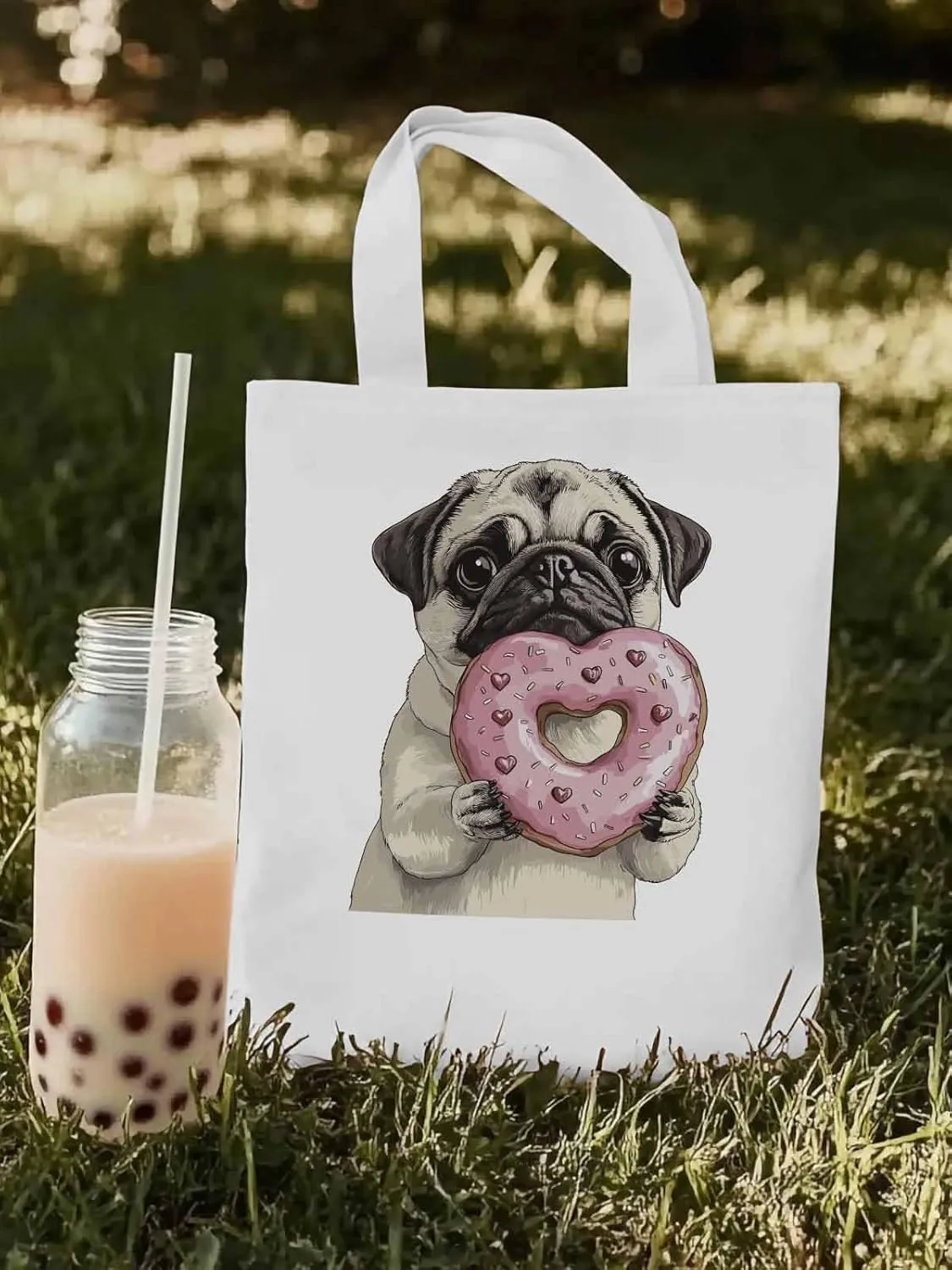 Canvas Tote Bag, Cartoons Doughnut Puppy Aesthetic Canvas Tote Handbags for Women Shoulder Bag