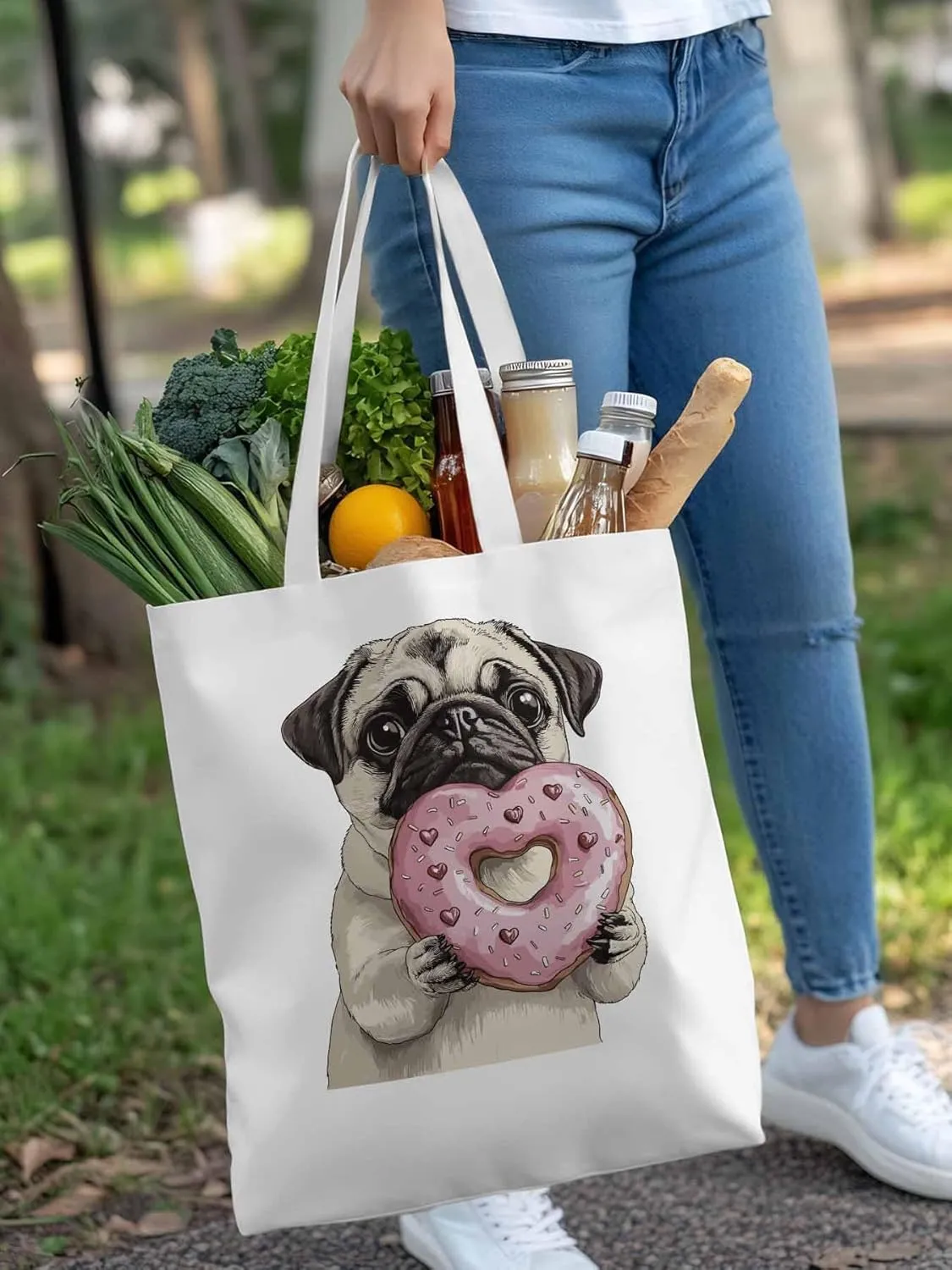 Canvas Tote Bag, Cartoons Doughnut Puppy Aesthetic Canvas Tote Handbags for Women Shoulder Bag