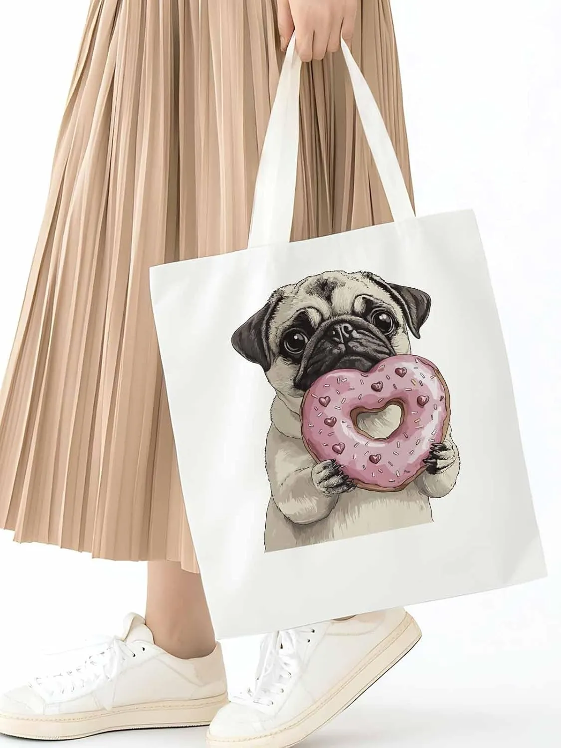 Canvas Tote Bag, Cartoons Doughnut Puppy Aesthetic Canvas Tote Handbags for Women Shoulder Bag