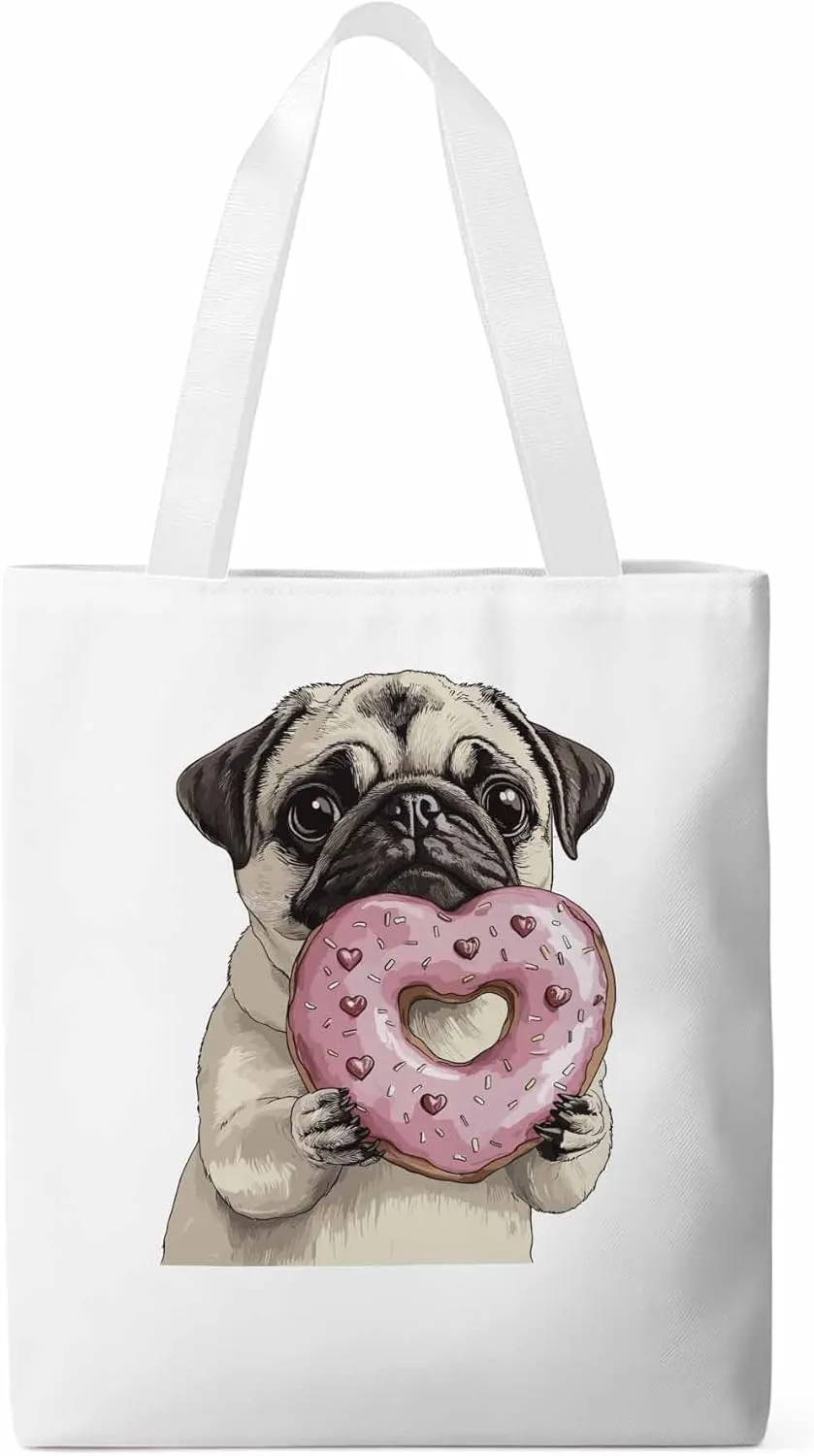 Canvas Tote Bag, Cartoons Doughnut Puppy Aesthetic Canvas Tote Handbags for Women Shoulder Bag