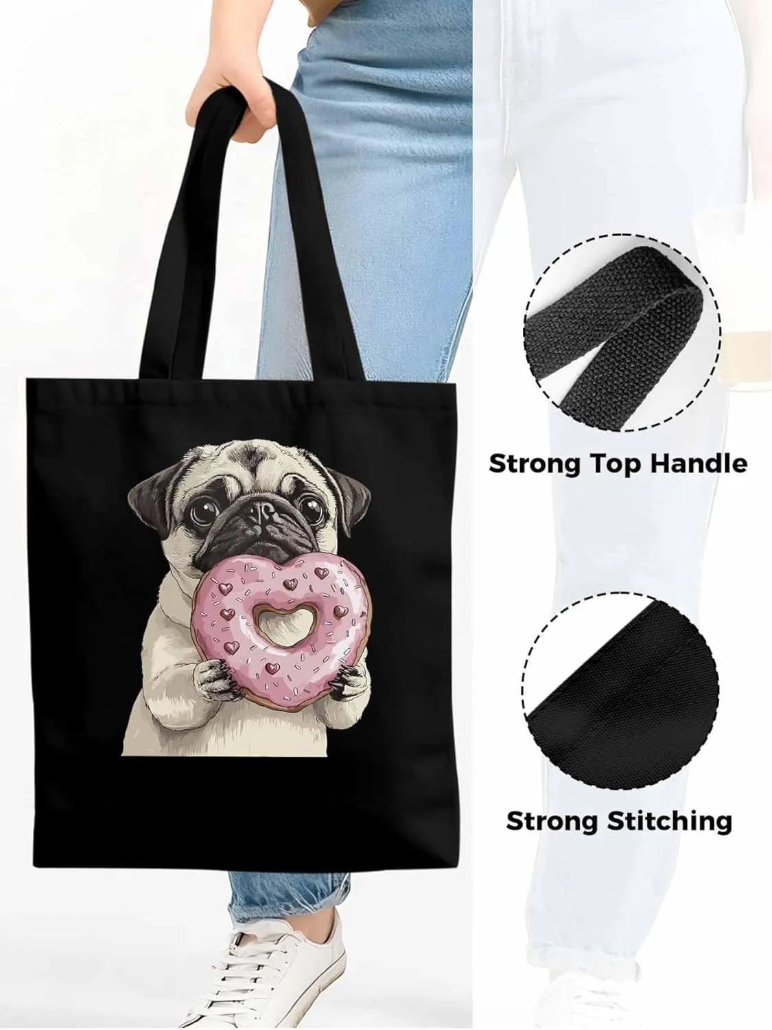 Canvas Tote Bag, Cartoons Doughnut Puppy Aesthetic Canvas Tote Handbags for Women Shoulder Bag